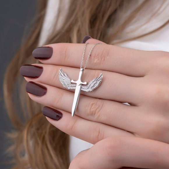 New 925 Sterling Silver Angel Wings Sword Necklace - Picture 3 of 3